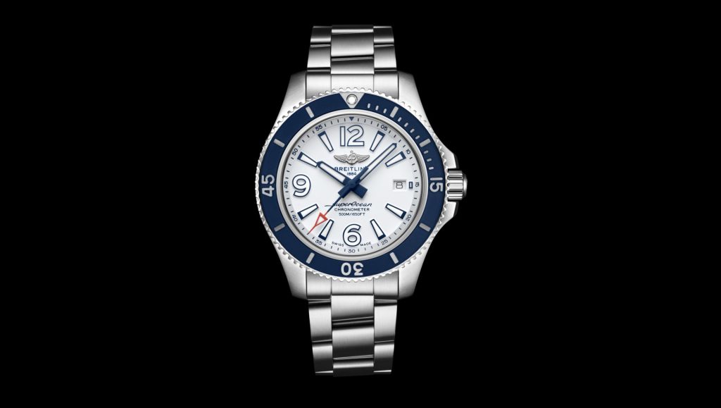 The blue elements are striking on the white dial of the Swiss copy Breitling.