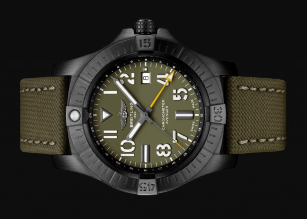 The Khaki green dial fake watch has a khaki green strap.