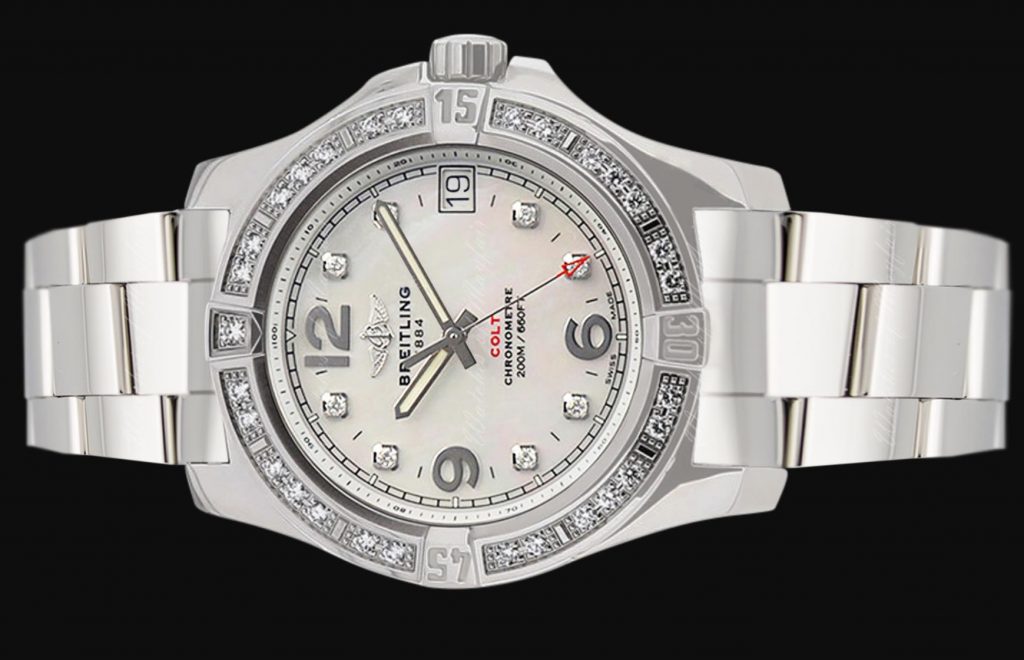 The stainless steel fake watch is decorated with diamonds.