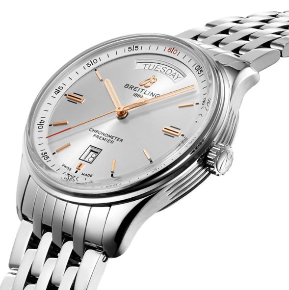 The silvery dial fake watch has both day and date windows.