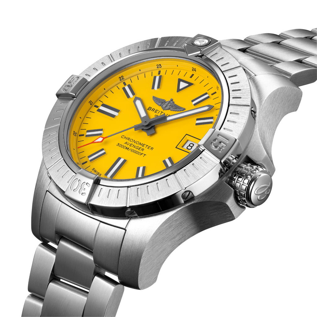 The 45mm replica watch has a bright yellow dial.