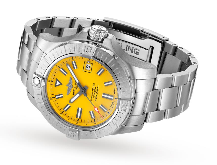 The waterproof fake watch has a bright yellow dial.